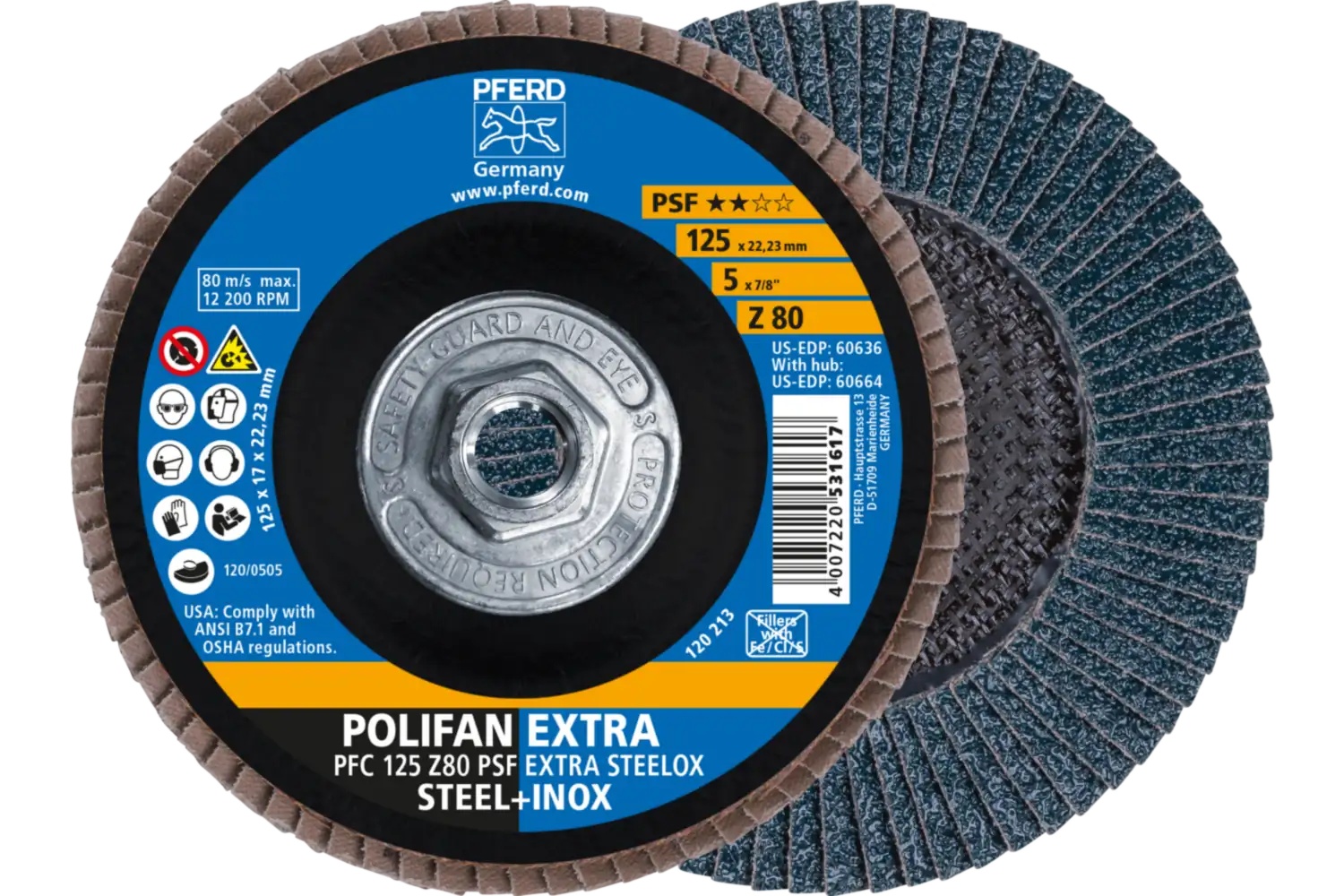 Picture of Pferd Flap Disc, 5" x 5/8-11, Z PSF Extra Steelox, 80 Grit, T29, Conical, Zirconia